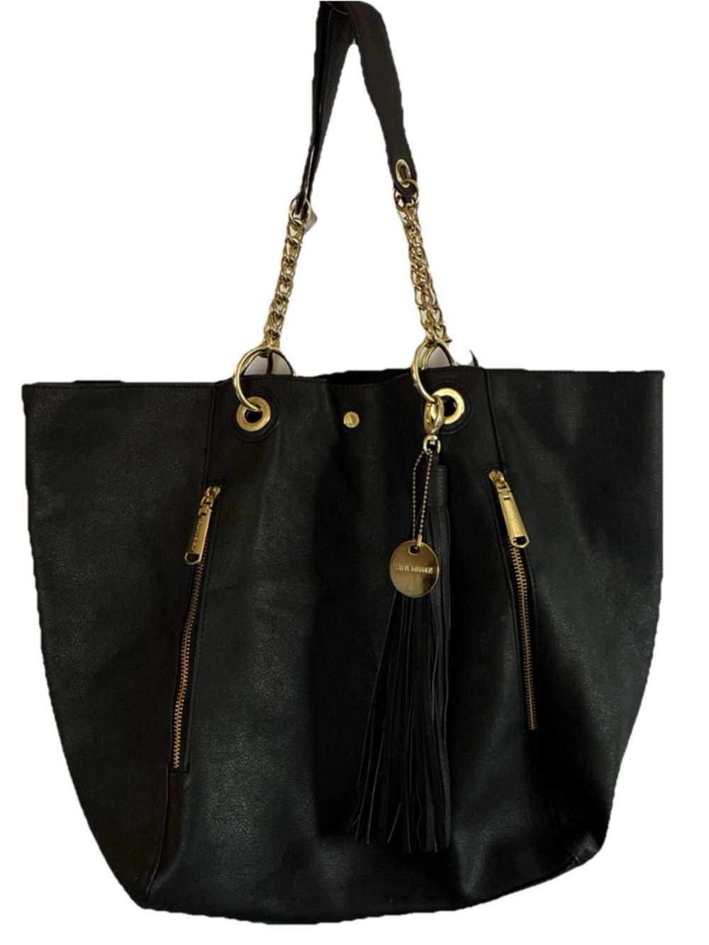 Steve Madden-Large Black Tote Bag with Gold chain Hardware and Tassel Apx 18x18”